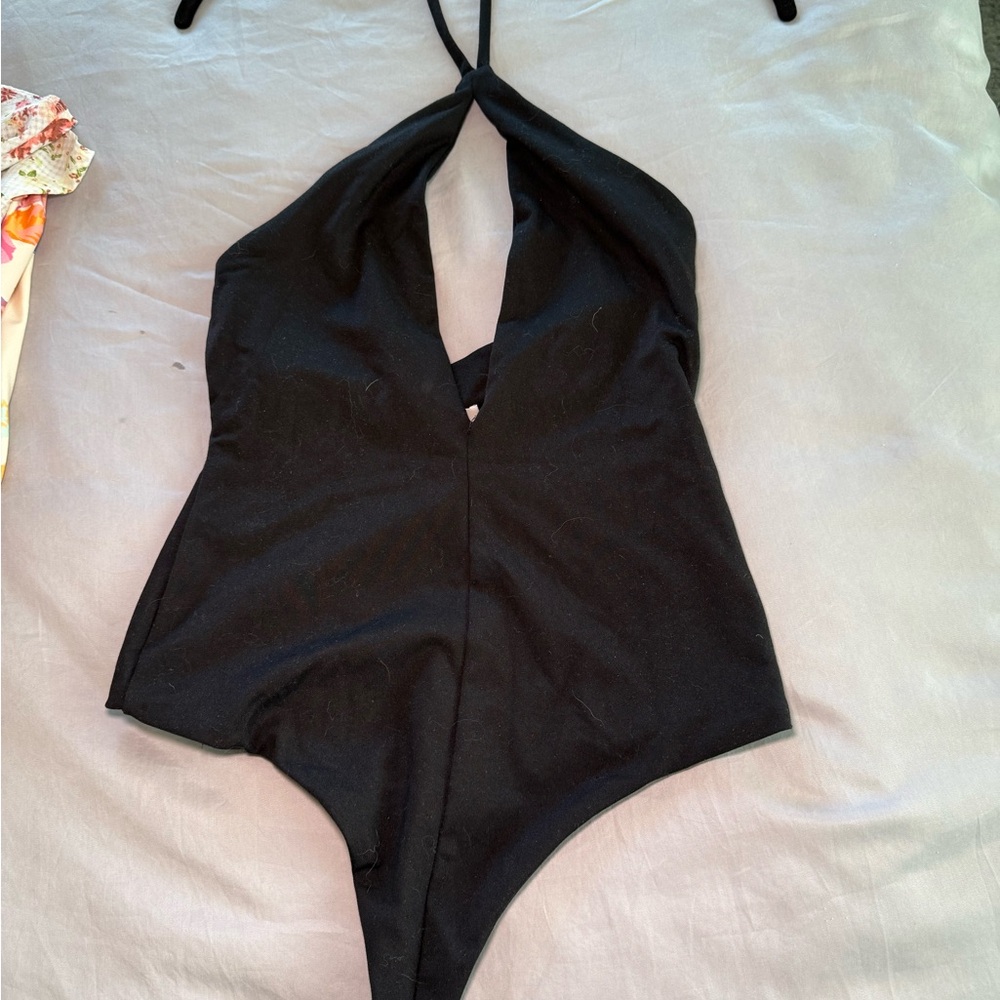 Susana Monaco Black Halter Tie Bodysuit with Plunging Neckline